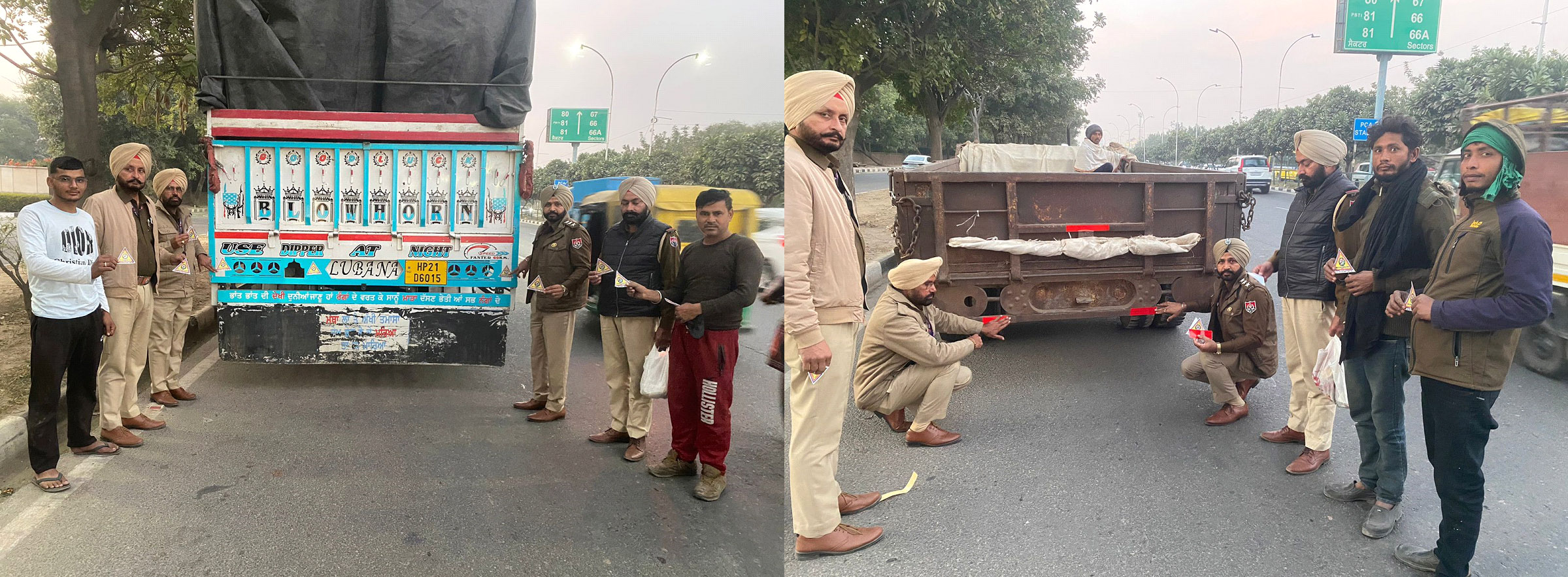 ट्रैफिक पुलिस ने धुंध के मौसम को देखते हुए वाहनों पर रिफ्लेक्टर लगाए